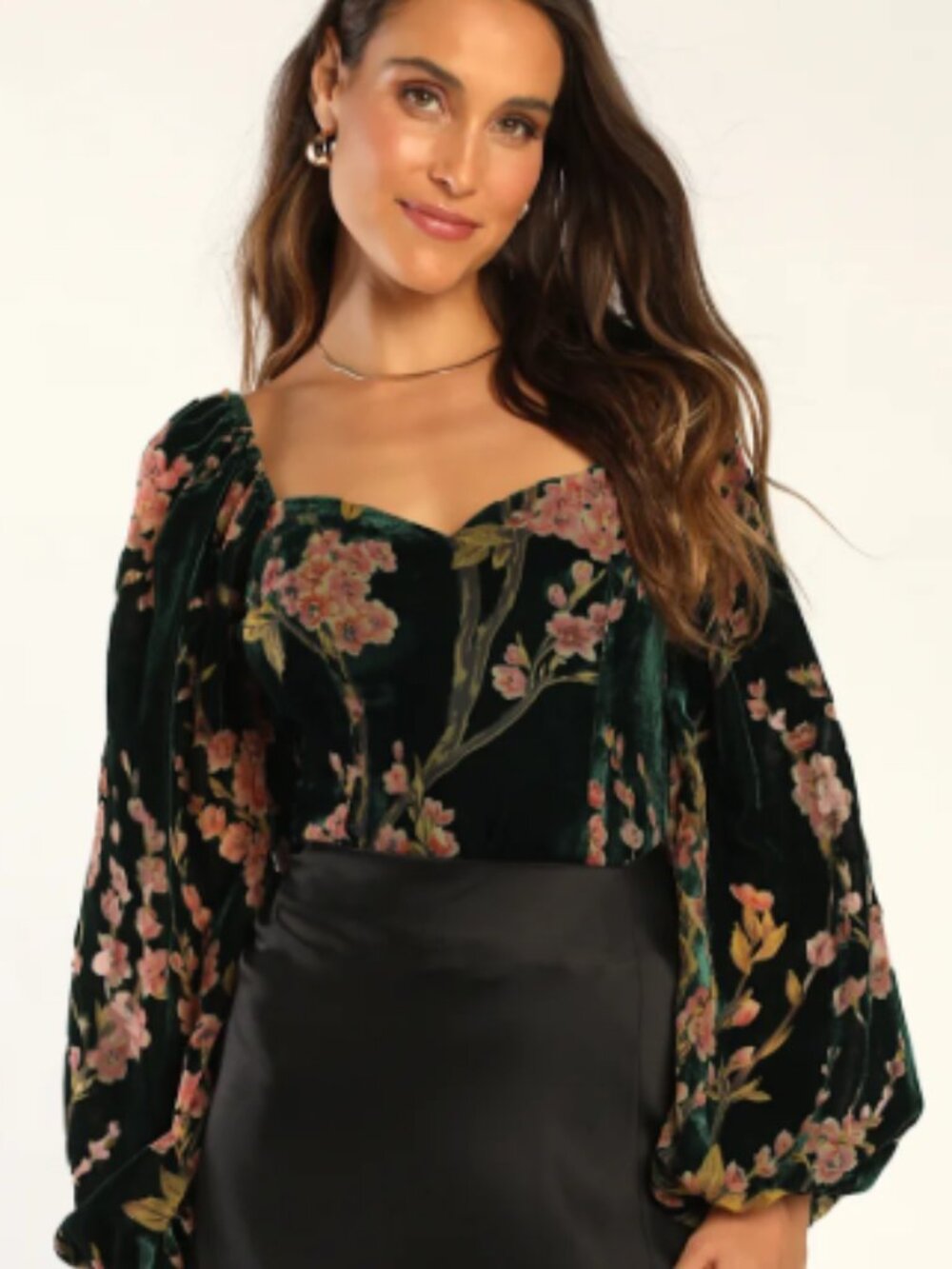 Lulus Luxe Romance Emerald Velvet Floral Burnout Bodysuit XL Balloon Sleeve